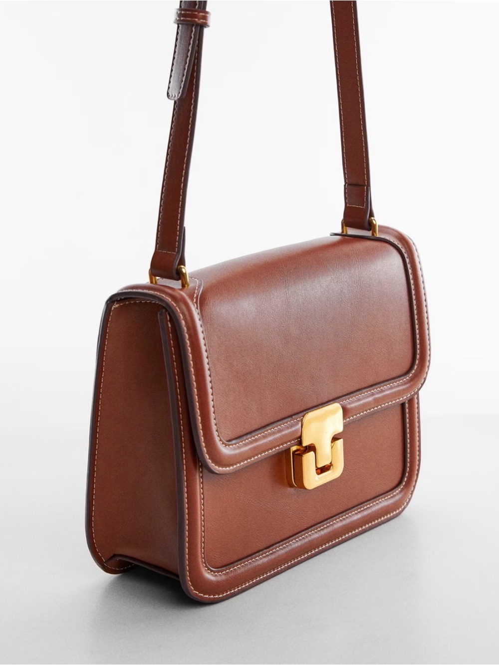 Mango Brown Faux Leather Crossbody Bag Gold Hardware Structured Purse